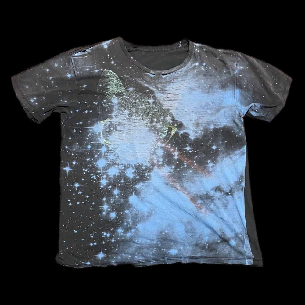 Thrashed galaxy cat print t shirt early 2010s